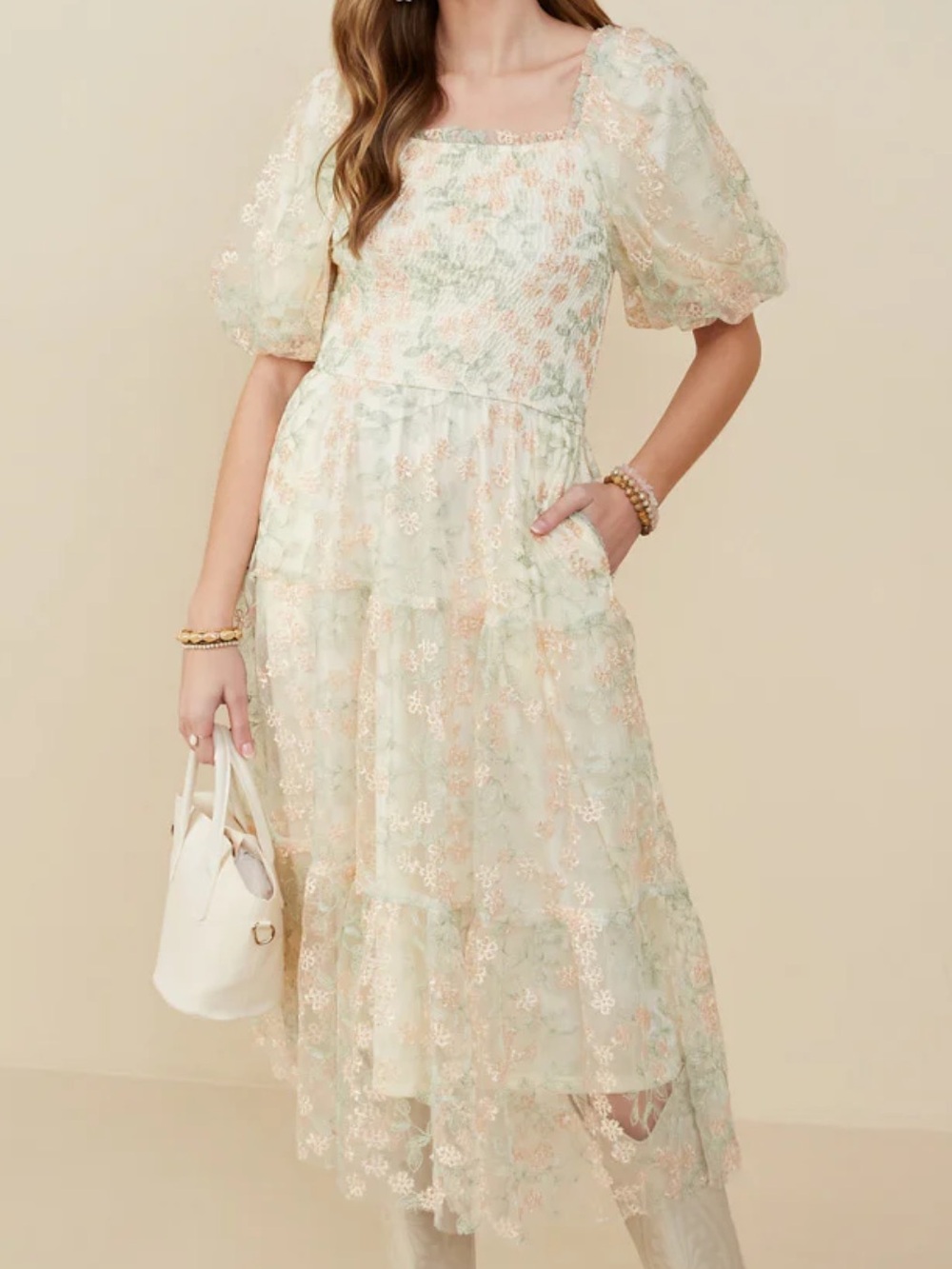 Hayden Pastel Mint & Peach Floral Lace Midi Dress